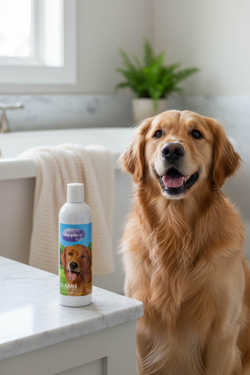 Dapple Up Pup Healthy Shampoo with happy dog