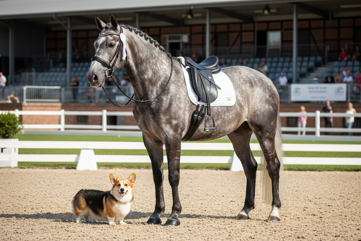 dappled show horse and corgi